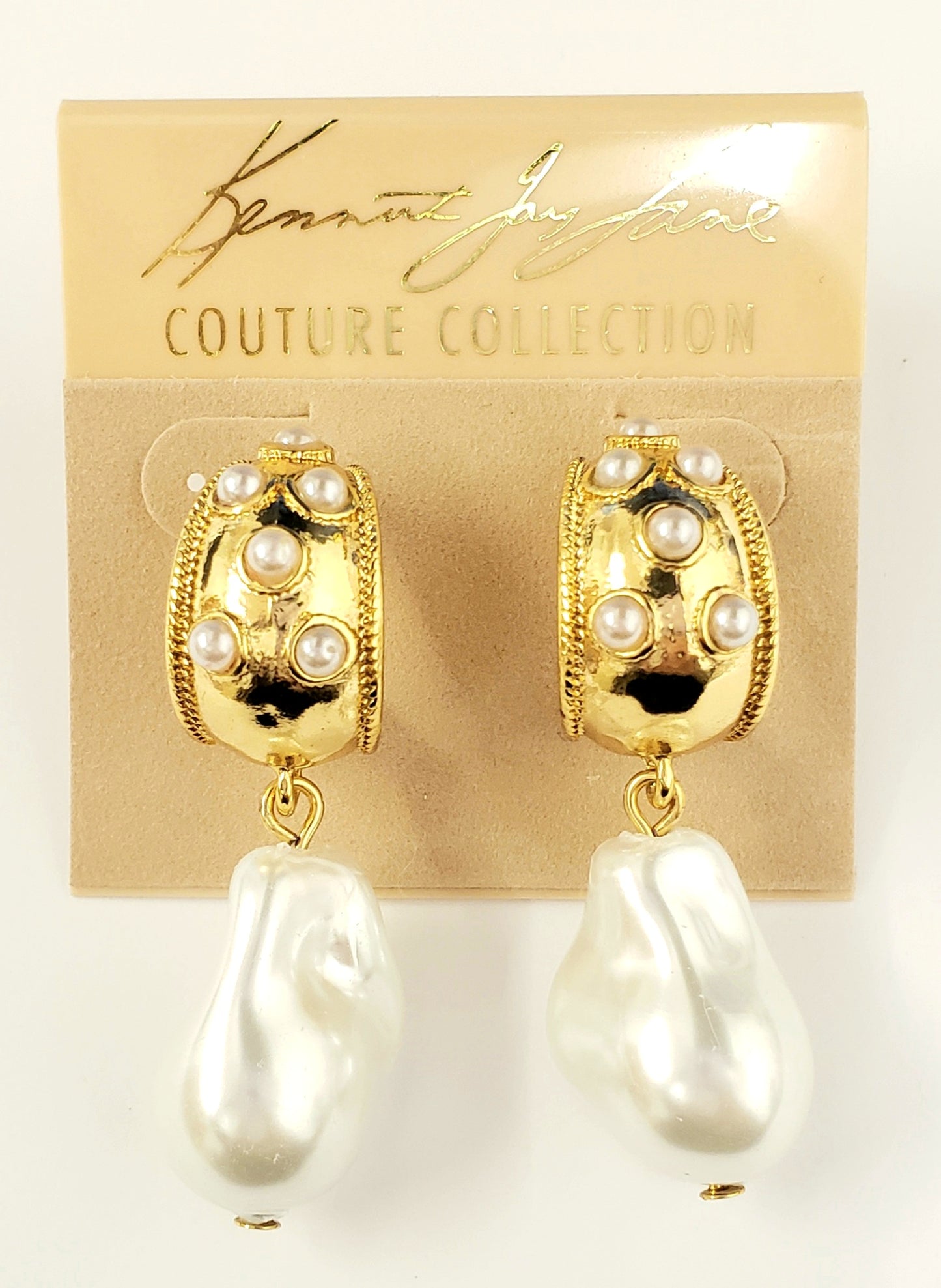 Gold Half Hoop with Pearl Dots & Pearl Drop Pierced Earring