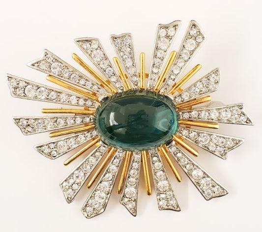 Gold with Rhodium & Crystal Sunburst Flawed Emerald Cabochons Center Pin