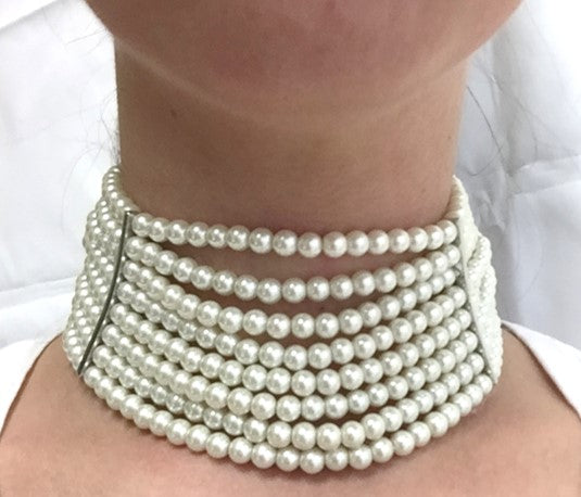8 Row 6mm Pearl Silver Curved Bars Choker Neck