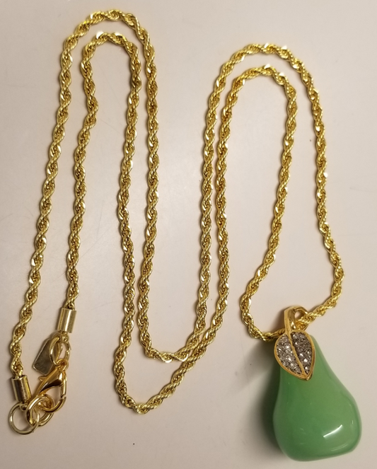 34" Jade Pear Pendant with Crystal Pave' Leaf