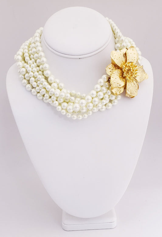 16" 8 row Pearl with Satin Gold Magnolia Flower Clasp Necklace