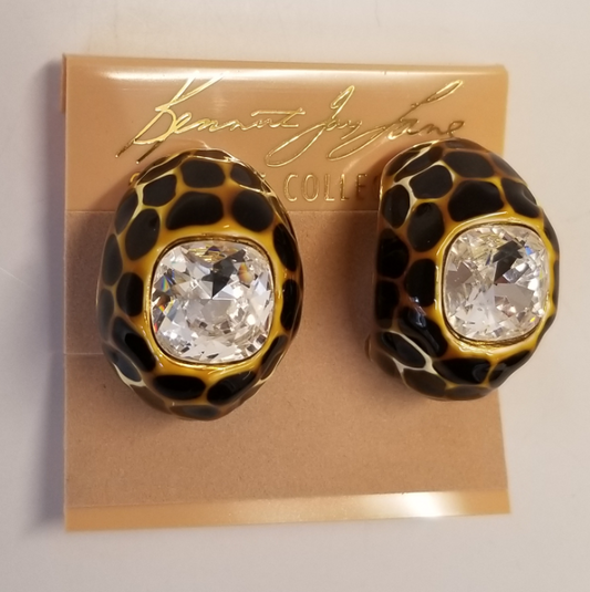 Brown and Beige Animal Print and Crystal Center Earring