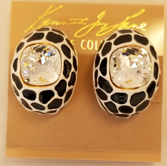 Black and White Enamel Animal Print and Crystal Center Clip Earring