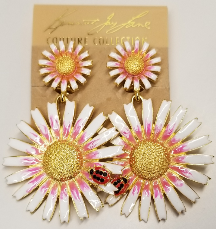 White With Pink Daisy Drop Clip Earring