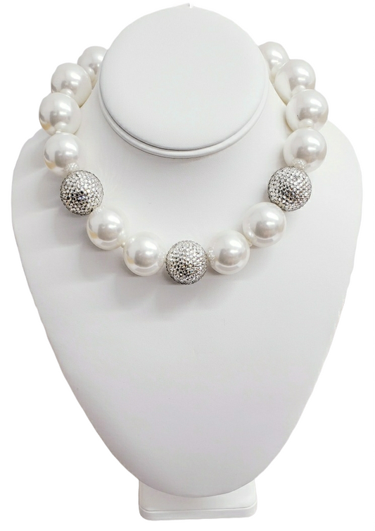 16" Jackie O White Pearl And Pave Bead Necklace