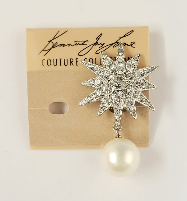 2" Rhodium Rhine Starburst Top with 14mm White Pearl Drop Clip Earring