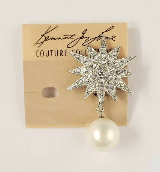 2" Rhodium Rhine Starburst Top with 14mm White Pearl Drop Clip Earring