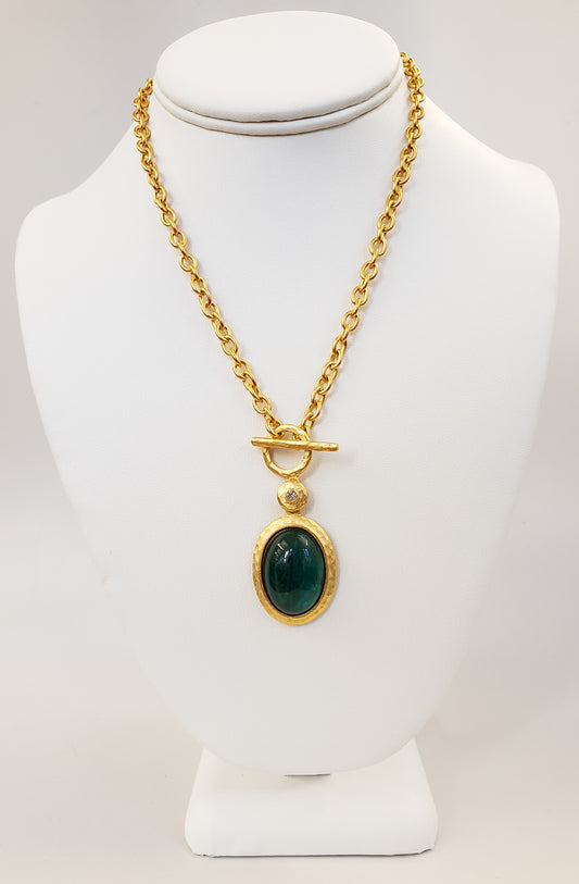 16" Satin Gold with Crystal Flawed Emerald Toggle Necklace