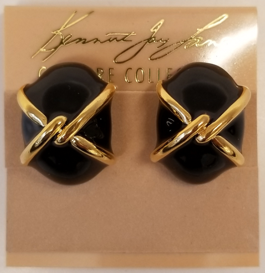 Gold Black Enamel Clip Earring