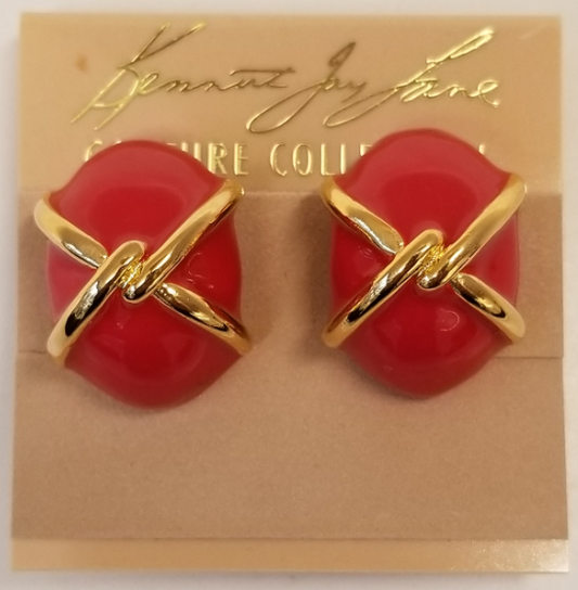Gold Red Enamel Clip Earring