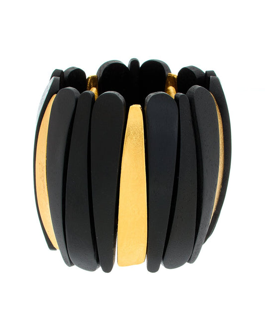 Black Wood with Satin Gold Lines Stretch Bracelet