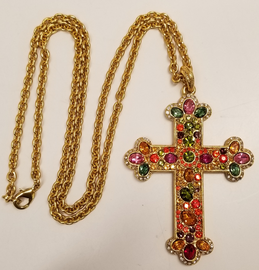 27" Multi Color Crystal Cross Pendant on Gold Chain