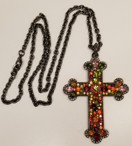 27" Multi Crystal Cross Pendant on Gunmetal Chain