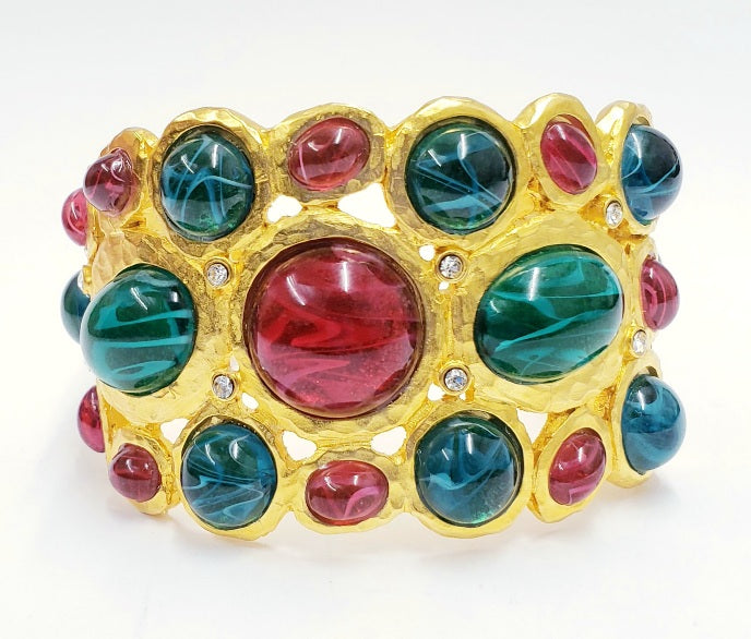 Satin Gold with Crystal Flaw Emerald & Flaw Ruby Cabochons Cuff