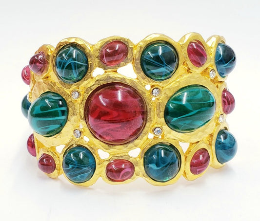 Satin Gold with Crystal Flaw Emerald & Flaw Ruby Cabochons Cuff