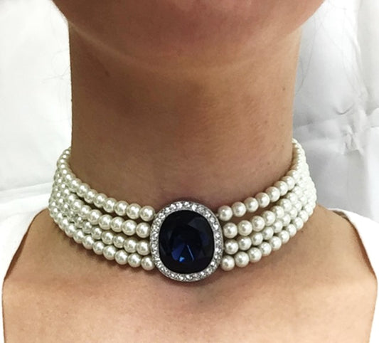 4 Row Pearl with Rhodium-Rhinestone & Sapphire Center Choker