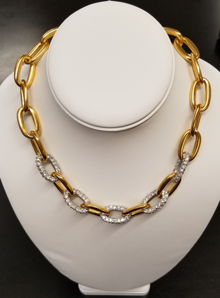 18" polished gold and rhodium-crystal links necklace w- toggle clasp