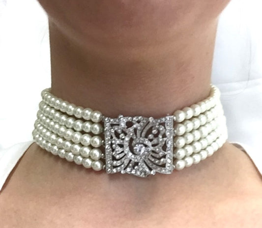 5 Row Light Cultura Pearl Silver and Crystal Front Choker Neck