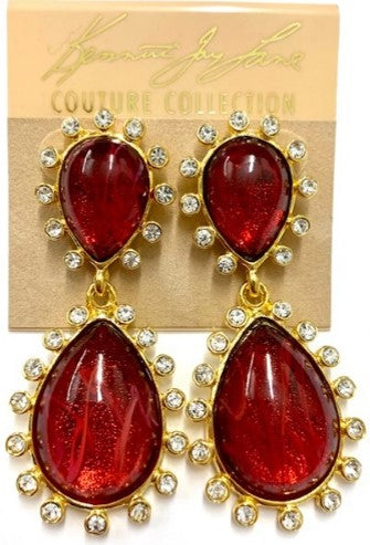 Gold with Crystal Ruby Teardrop Drop Clip Earring