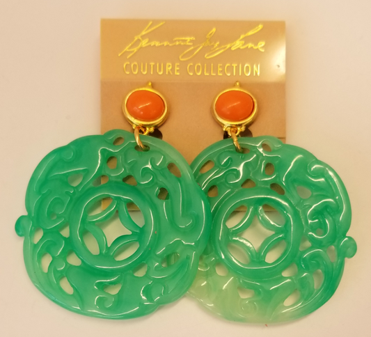 Coral Top Carved Jade Circle Clip Earring