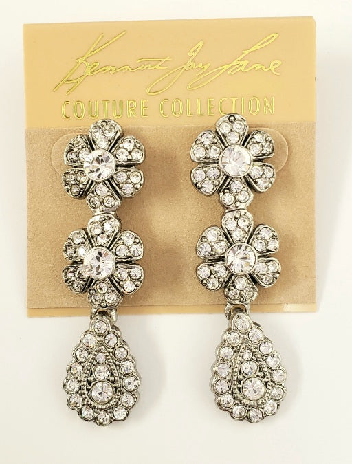 Antique Silver Crystals Flower Drop Pierced Earring