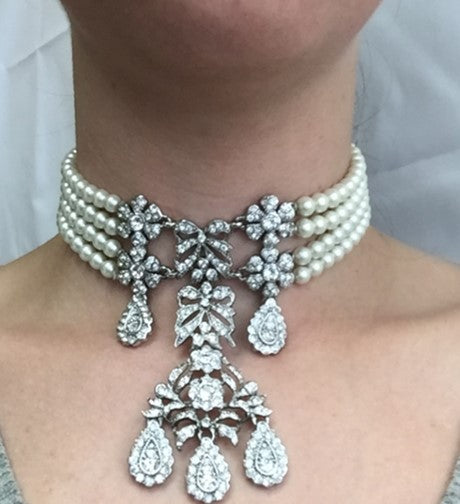 Light Antique Silver and Crystal Front 4 Row Pearl Choker Neck