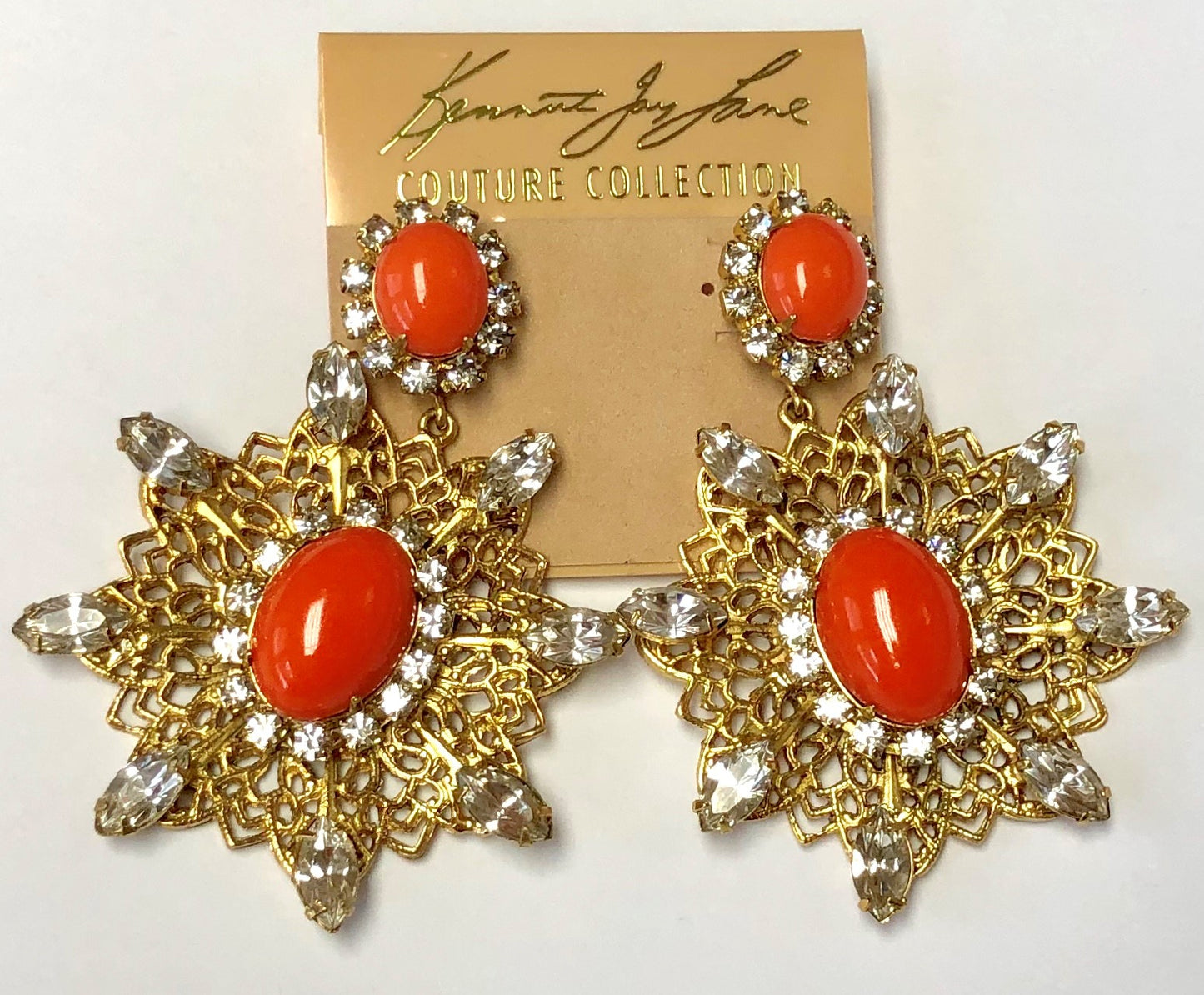 Light Antique gold-plated with crystals and coral cabochons filigree drop pierced earring