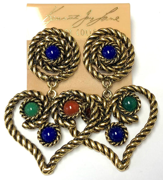 Antique Gold Multi-Color Cabochons Rope Heart Clip Earring