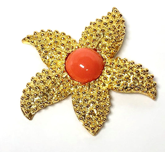 Gold With Coral Center Starfish Pin