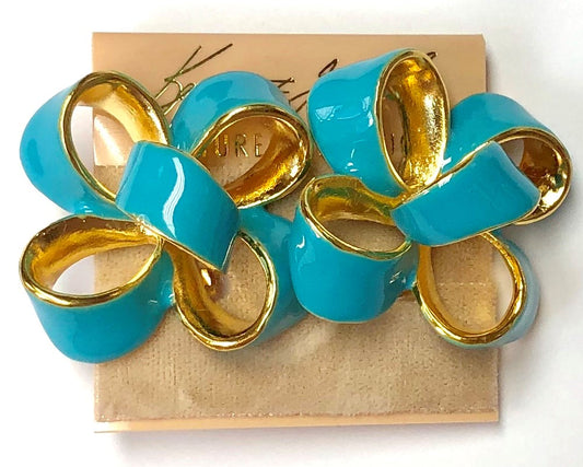 Gold With Turquoise Enamel Large Bow Clip Earring