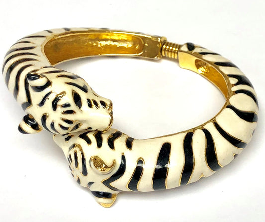 Black and White Enamel Double Tiger Head Bracelet