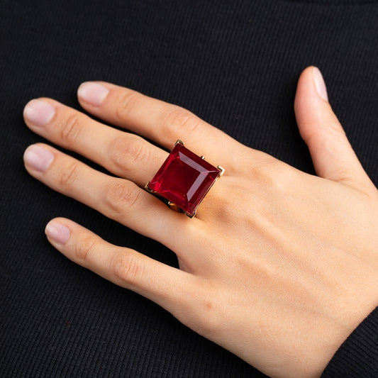 Polished Gold and Ruby Square Center Stone Ring