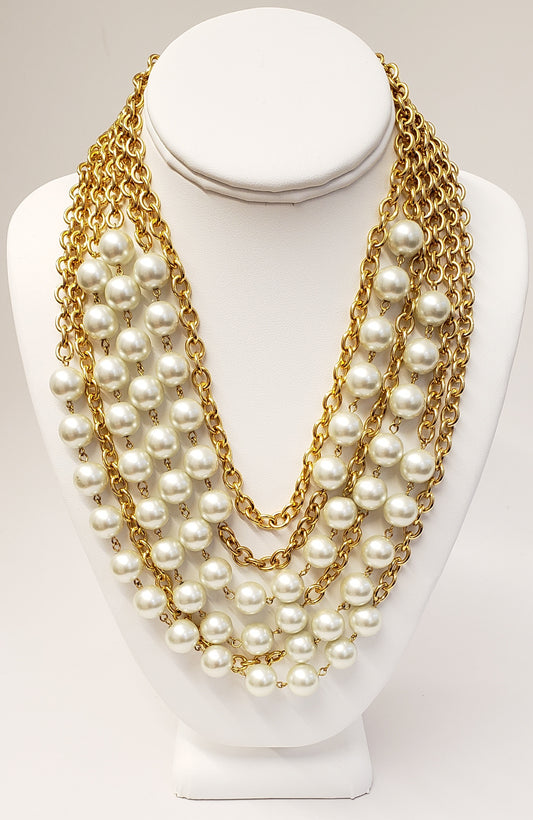 18" 6 Row Gold Chains with 12mm Pearls Necklace