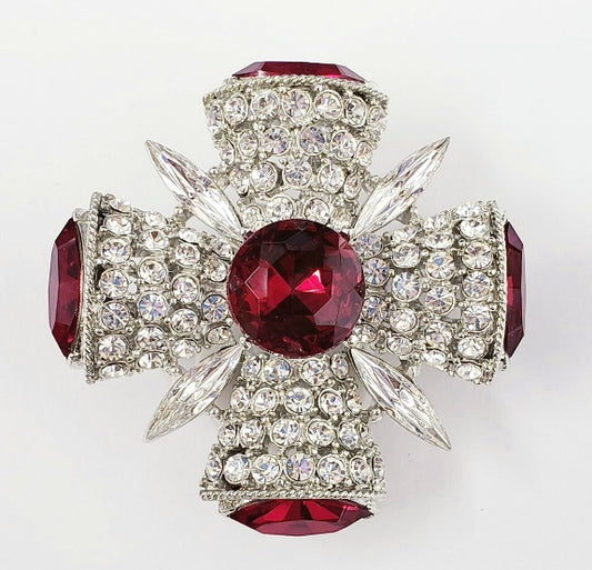 2" Rhodium Rhine with Faceted Ruby Center Faceted Ruby Side Cross Pin