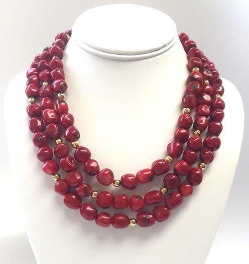 Dark Coral Chips With Gold Spacers Necklace