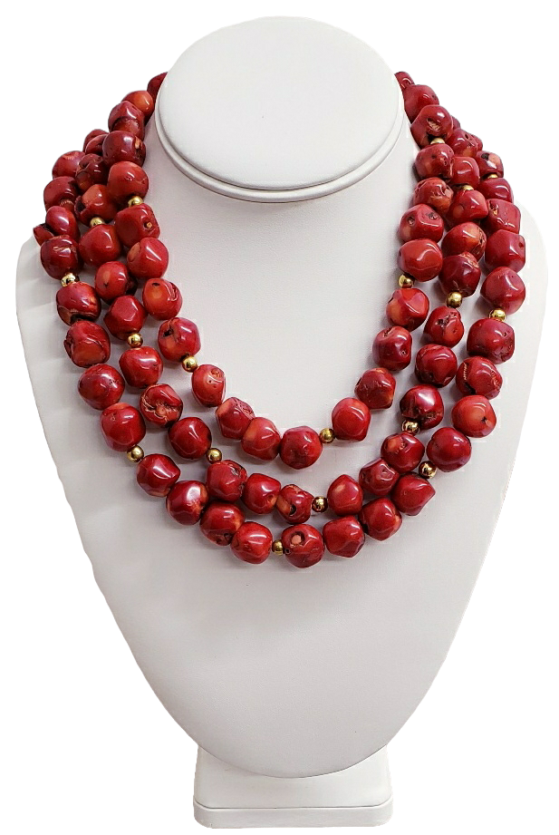 Dark Coral Chips With Gold Spacers Necklace