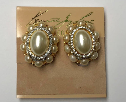 Gold Two Tone Crystals And White Pearl Clip Earring