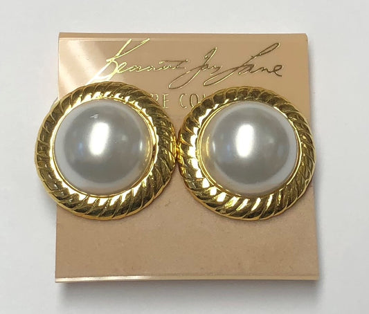 Barbara Bush Gold White Pearl Center Button Clip Earring