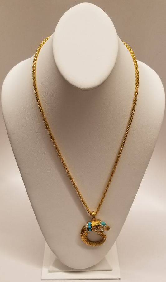24" Satin Gold and Turquoise Cabochons Ram Pendant on Gold Chain