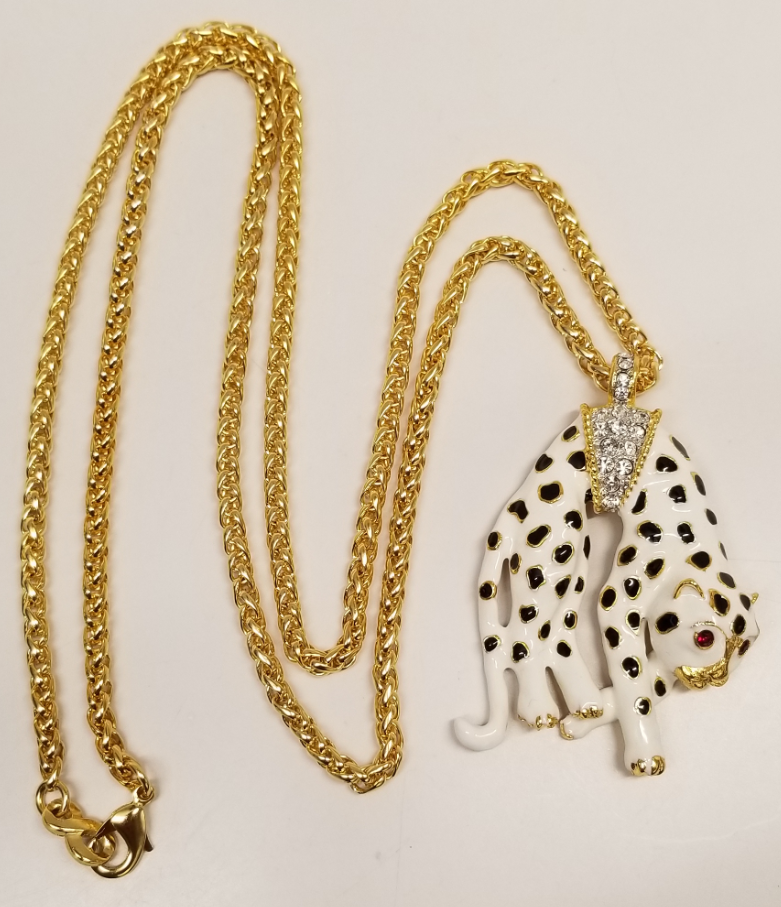 30" White Enamel and Two Tone Rhine Black Spots Panther on Gold Chain