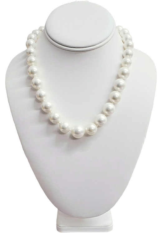 18" Graduated White Shell Base Pearl Necklace and Silver and Crystals Pave Clasp