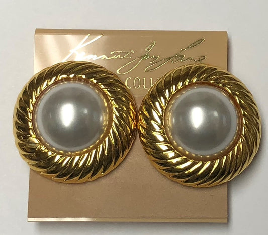 Barbara Bush Gold With Pearl Center Large Button Clip Earring