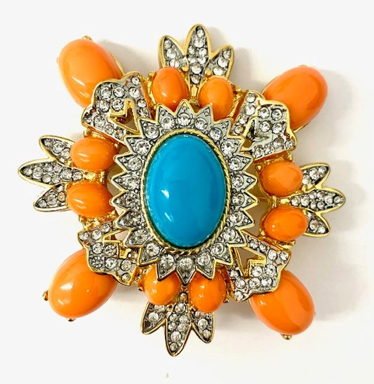 Coral and Turquoise Cluster Pin