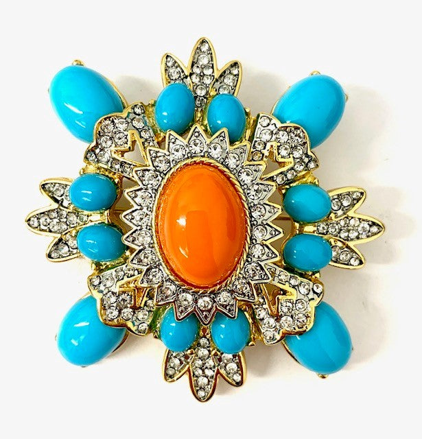 Turquoise and Coral Cluster Pin