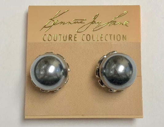 Rhodium Crystal And Grey Pearl Flower Bud Clip Earring