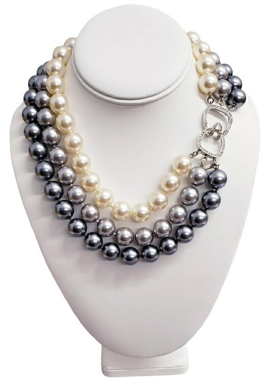 Three Row Cultura Pearl Necklace with Silver and Crystals Clasp