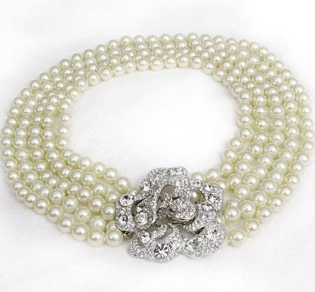 5row Pearl Light Cultura Silver Rhinestone Flower Clasp Audrey Hepburn Style Necklace