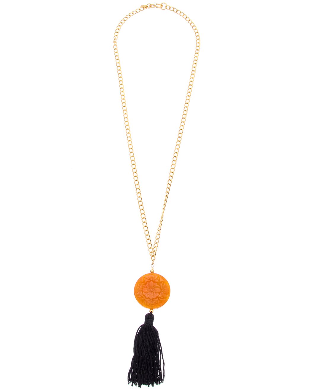 30" Gold Chain with Carved Amber Pendant & Black Tassel Necklace