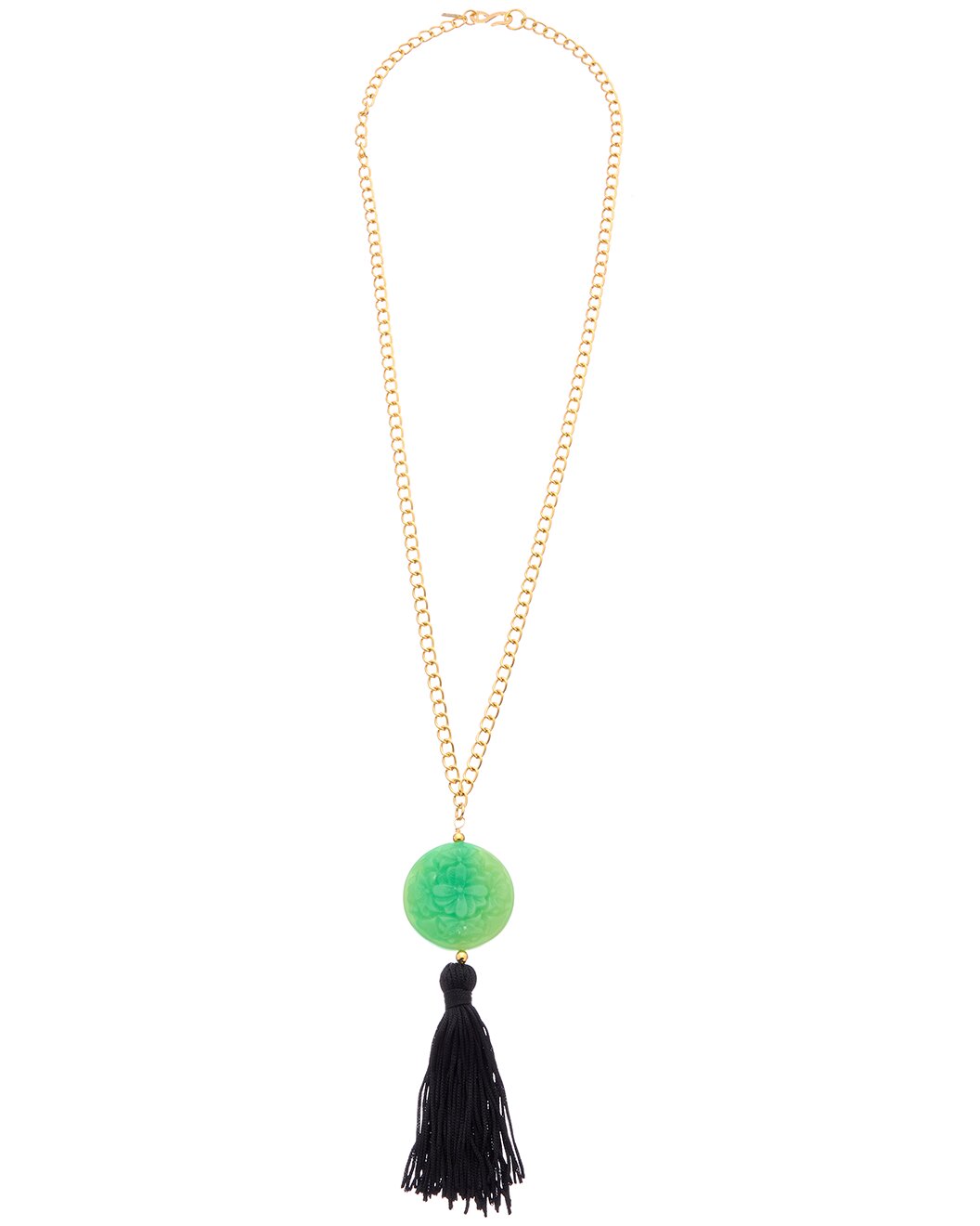 30"  Gold Chain with Carved Jade Pendant & Black Tassle Necklace