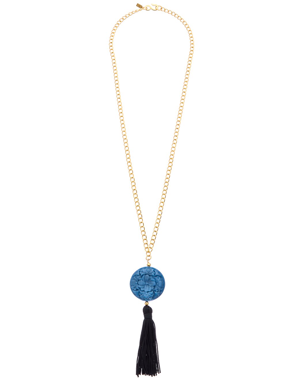 30" Gold Chain with Carved Lapis Pendant & Black Tassel Necklace